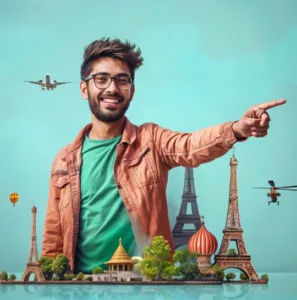 Focused man gesturing towards a travel destination, representing study abroad consultancy and immigration services in Chennai.