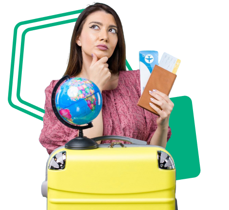 Woman with a suitcase and globe, symbolizing global travel and immigration consultancy services in Chennai.