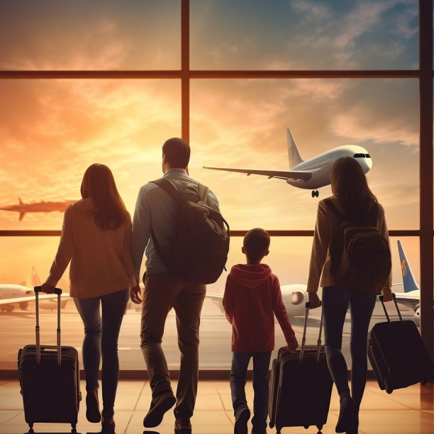 Family with luggage at the airport gazing out the window, preparing for their journey related to immigration services.