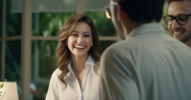 A woman smiling and engaging in conversation with a man, representing immigration consultancy services in Chennai.