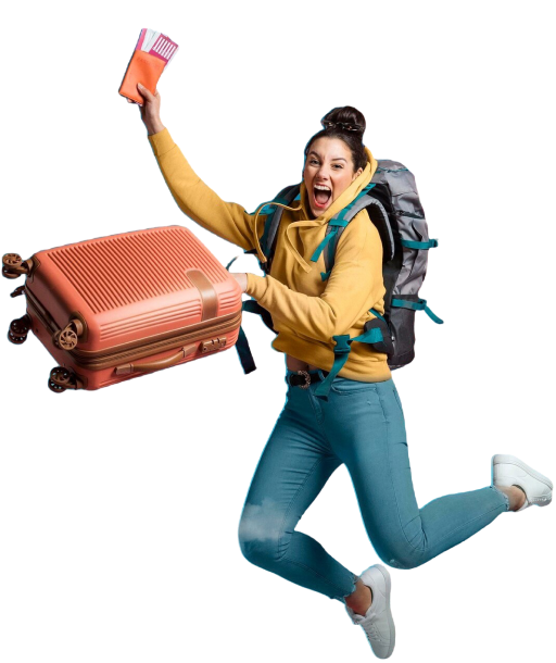 A woman joyfully jumps while holding a suitcase, symbolizing excitement for travel and new opportunities in immigration.